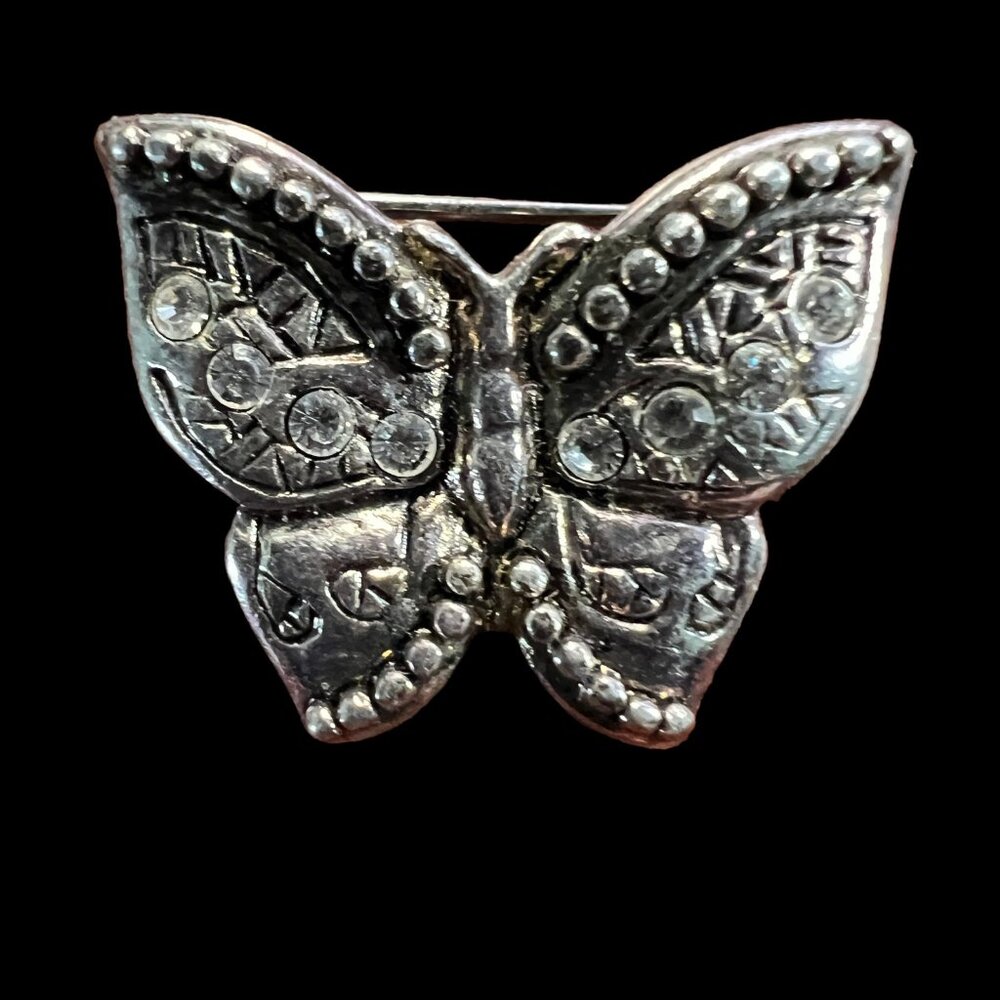 Butterfly Brooch Clear Rhinestone Textured‎ Silver Tone Vintage Pin